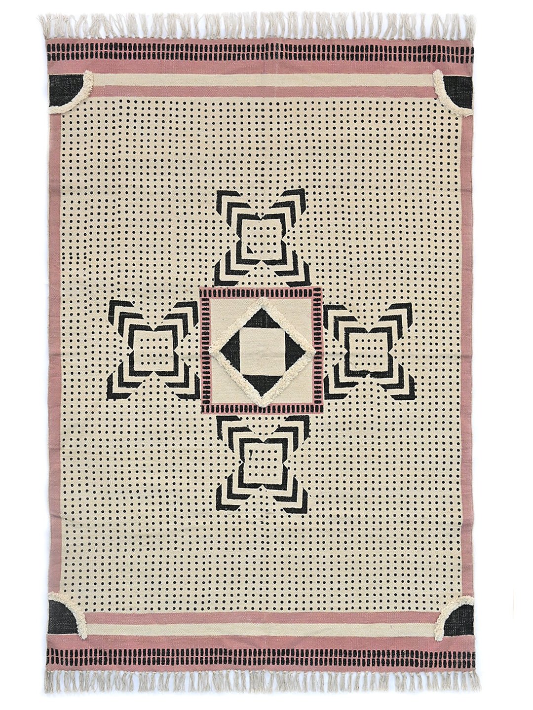 Block-Printed Cotton Dhurrie Rug in Blue, Green & Grey Floral — Art Avenue