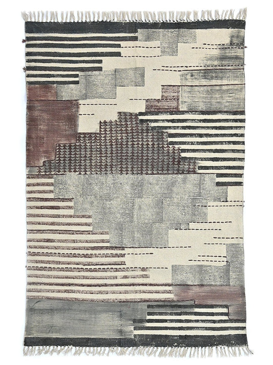 Block-Printed Cotton Dhurrie Rug in Brown & Grey — Art Avenue