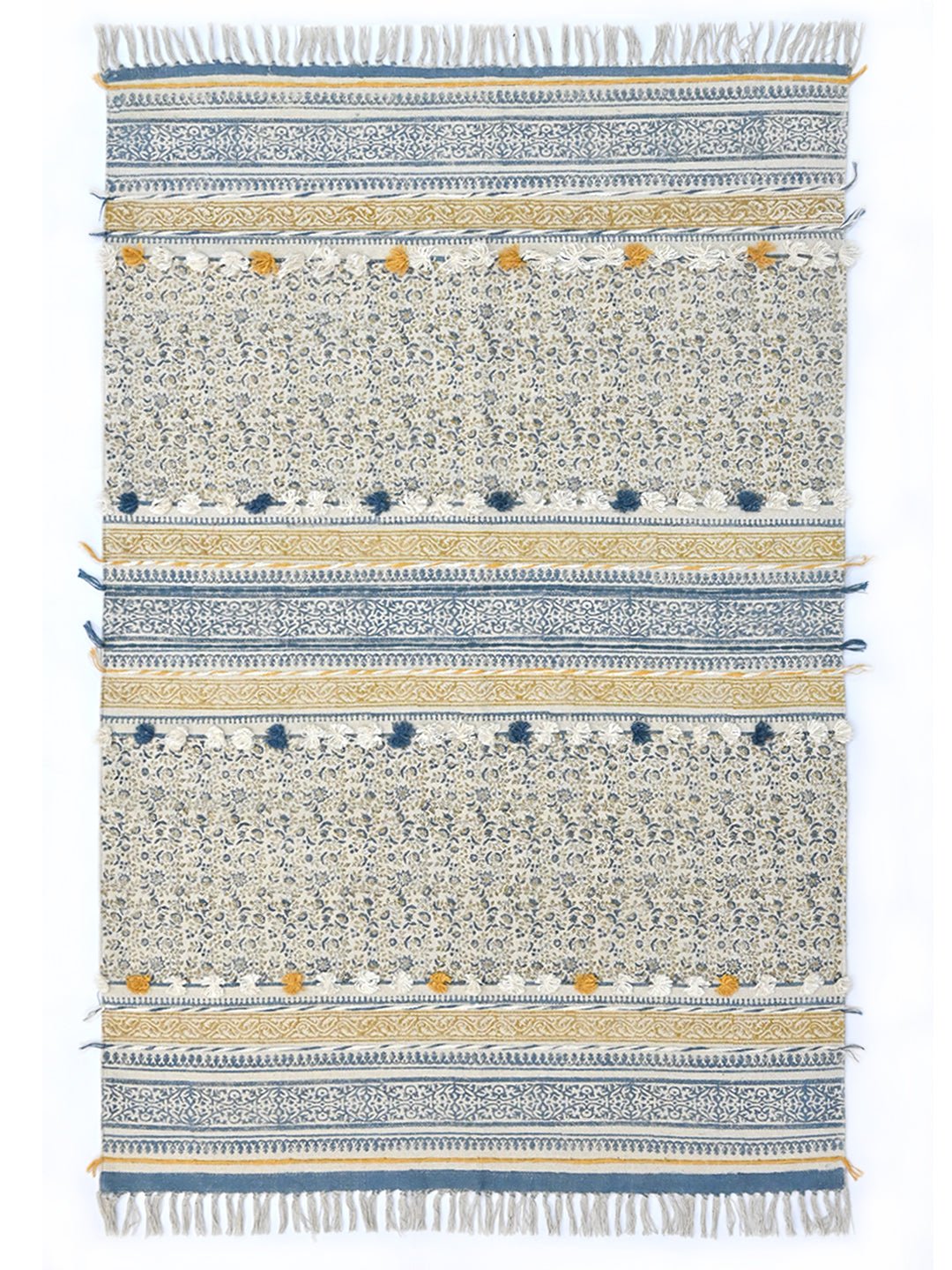 Block-Printed Cotton Dhurrie Rug in Blue, Green & Grey Floral — Art Avenue