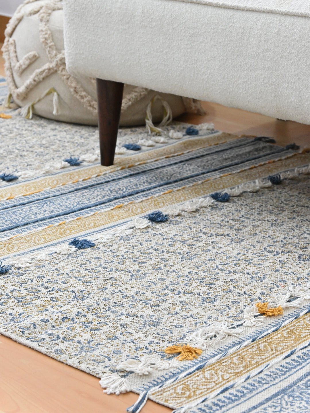 Cahier II Block-Printed Cotton Dhurrie Rug in Blue & Green — Art Avenue