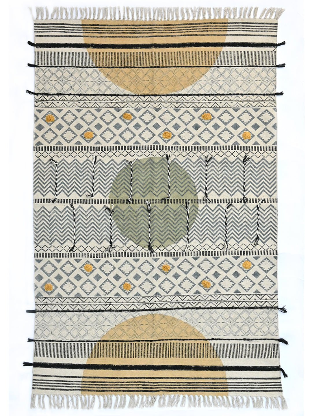 Block-Printed Cotton Dhurrie Rug in Blue, Green & Grey Floral — Art Avenue