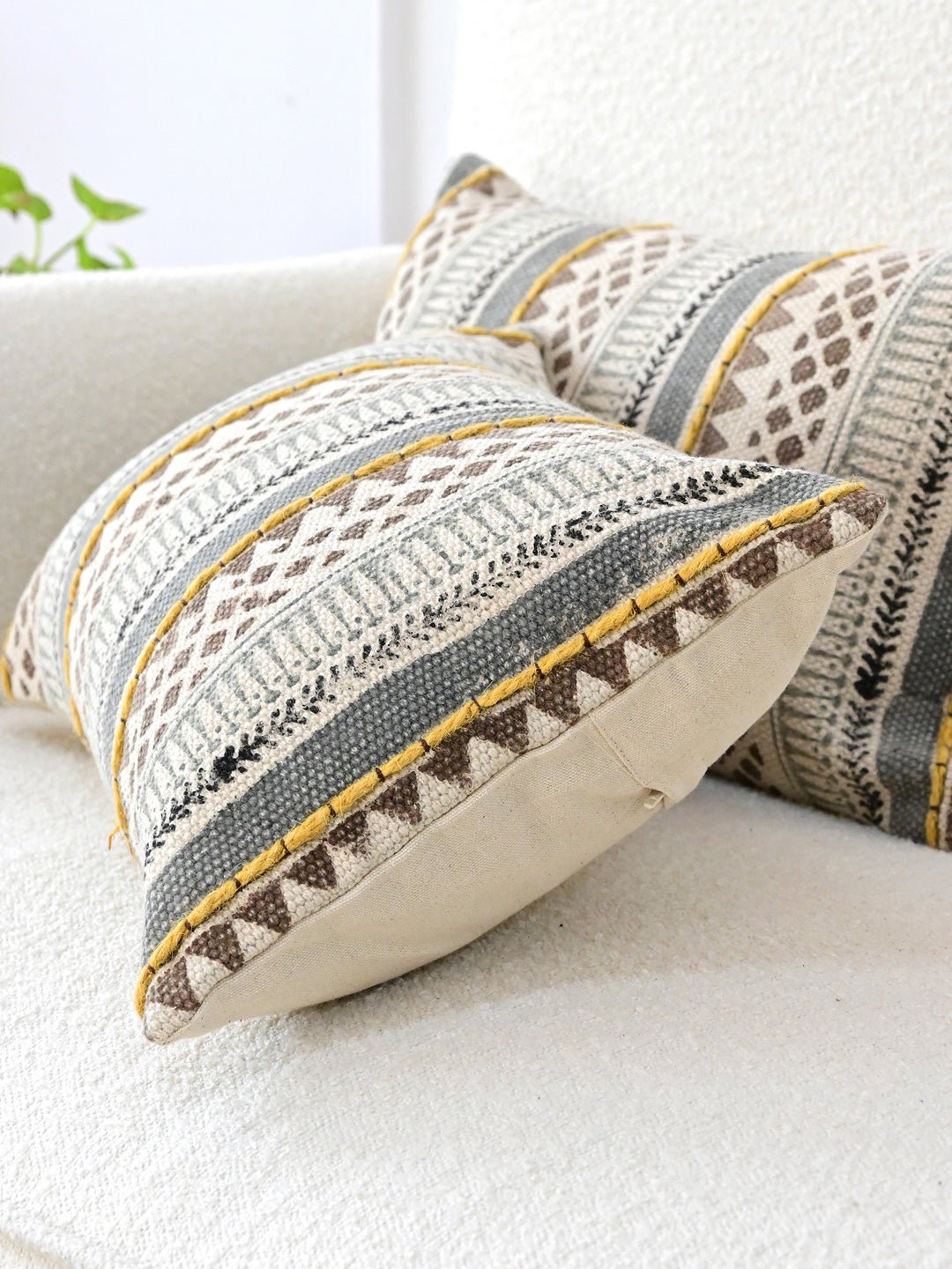 Detail of block-print embroidery on lumbar cushion cover — Art Avenue