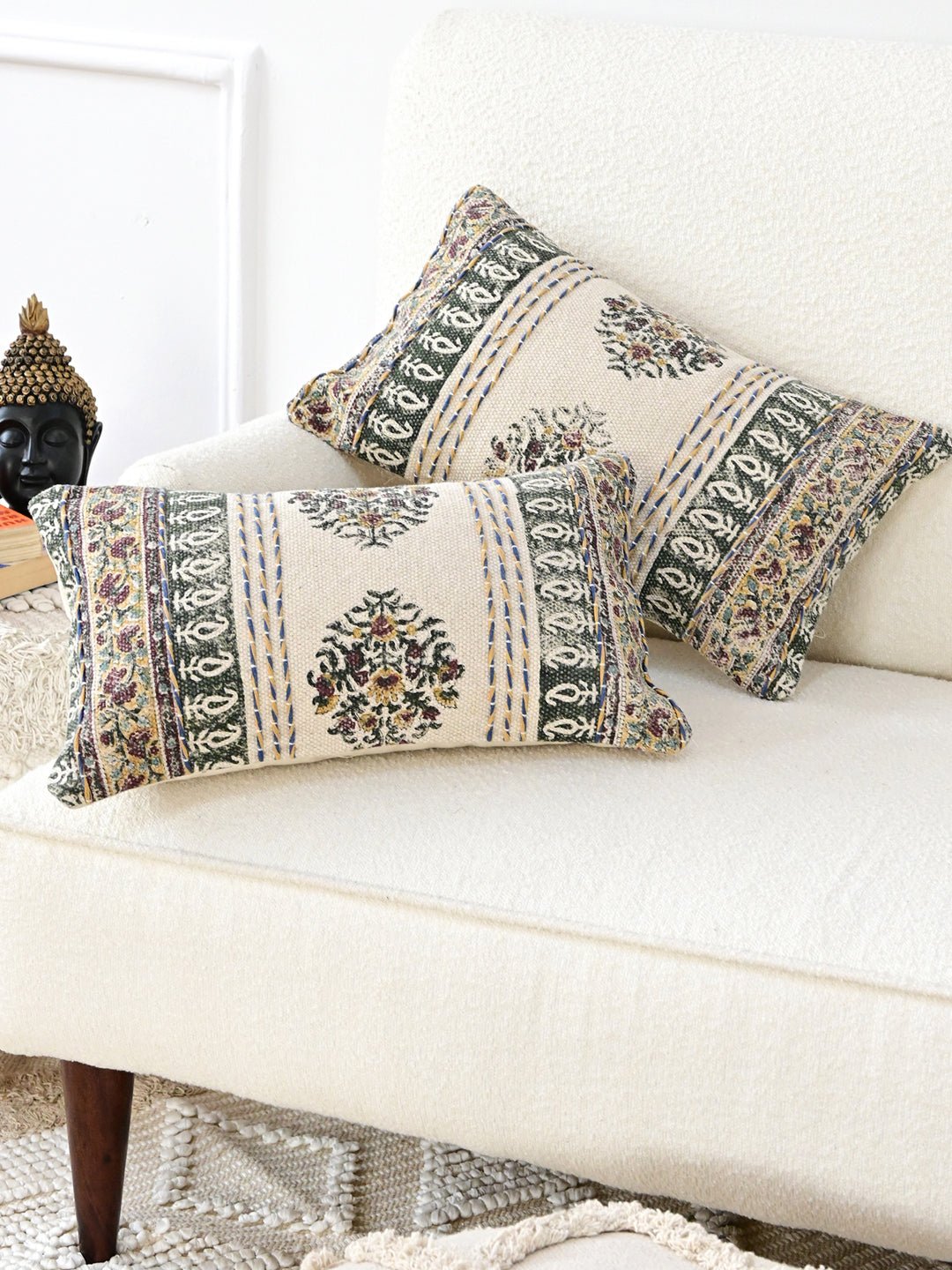 Tree Block-Printed Embroidered Lumbar Cushion Cover — Art Avenue