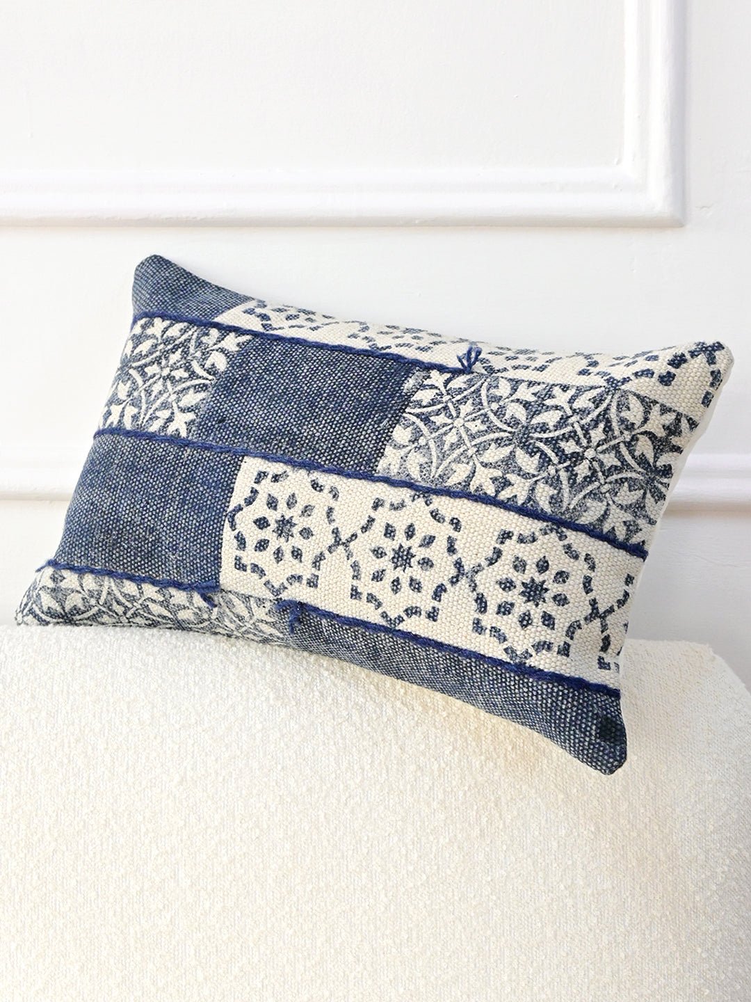 Detail of block-print embroidery on lumbar cushion cover — Art Avenue