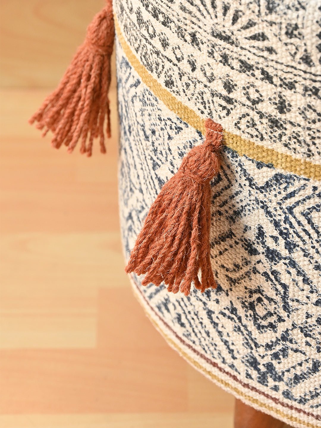 Side view of kilim cylindrical ottoman — Art Avenue