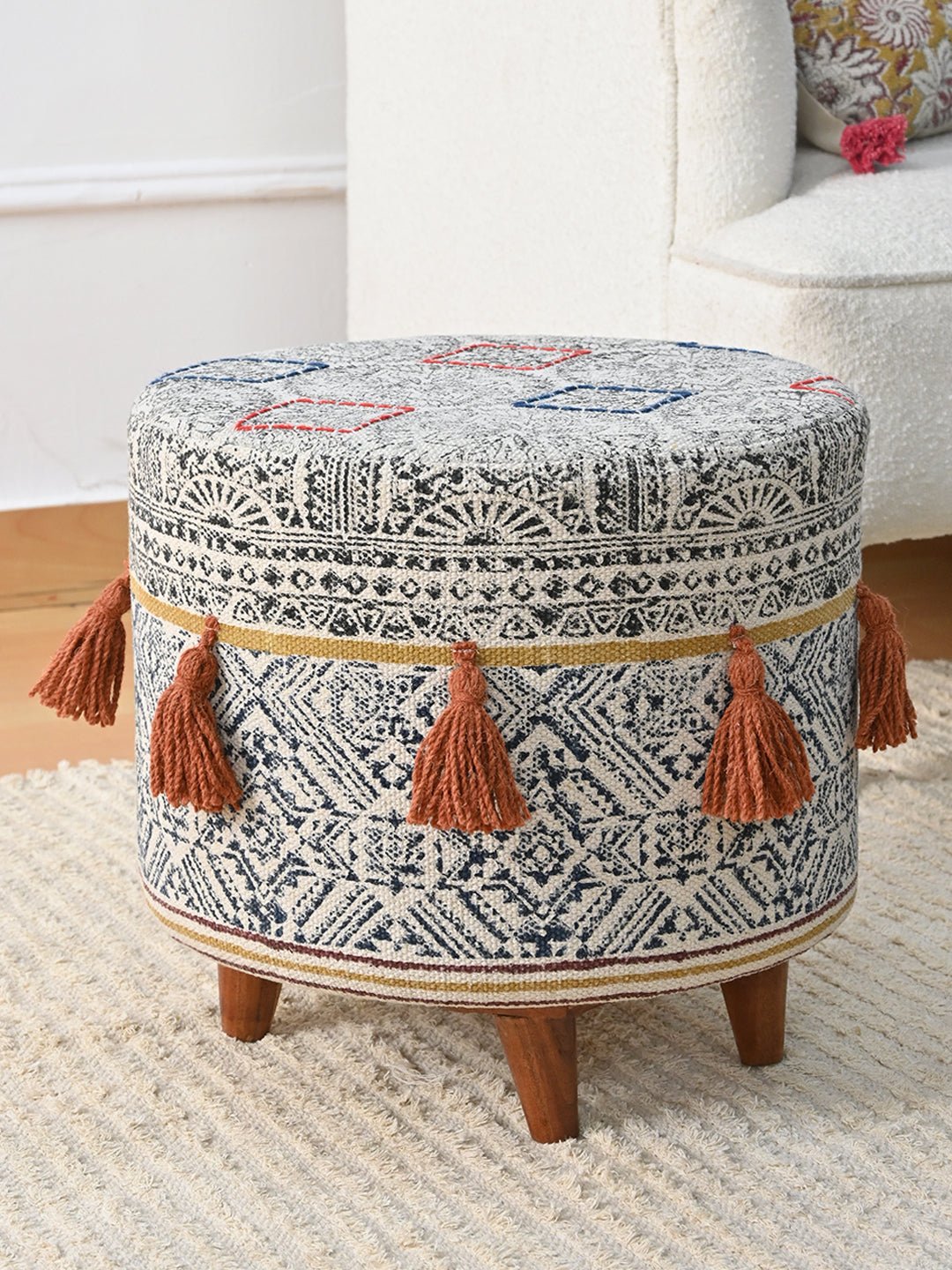 Kilim-Upholstered Cylindrical Ottoman — Art Avenue
