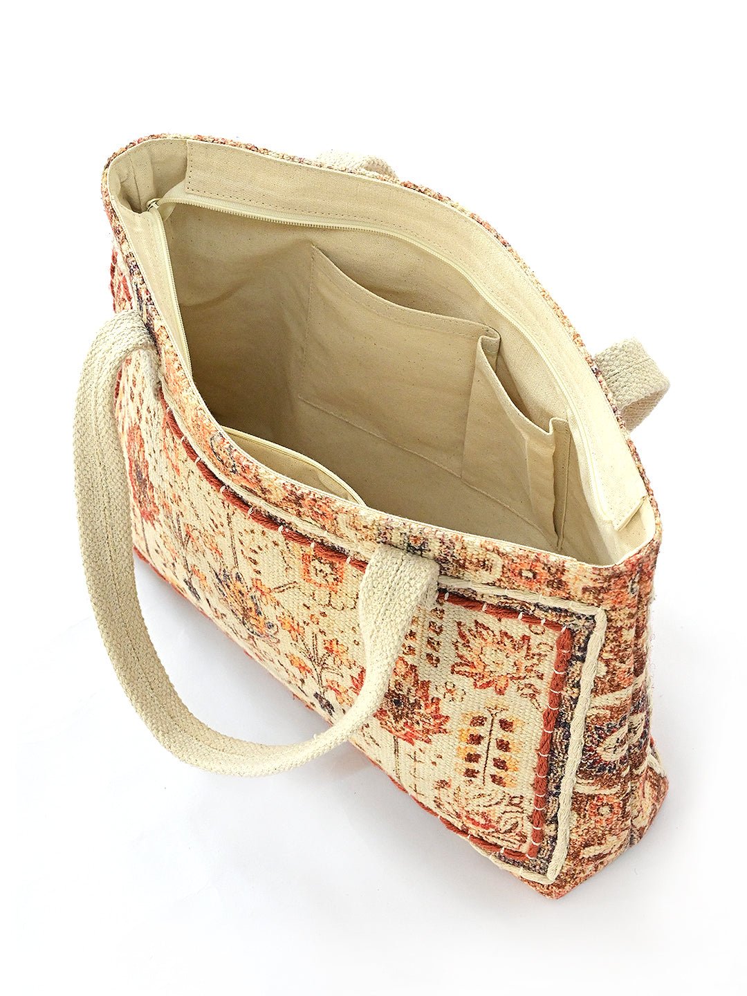 Leilani block-printed embroidered tote bag flat lay — Art Avenue