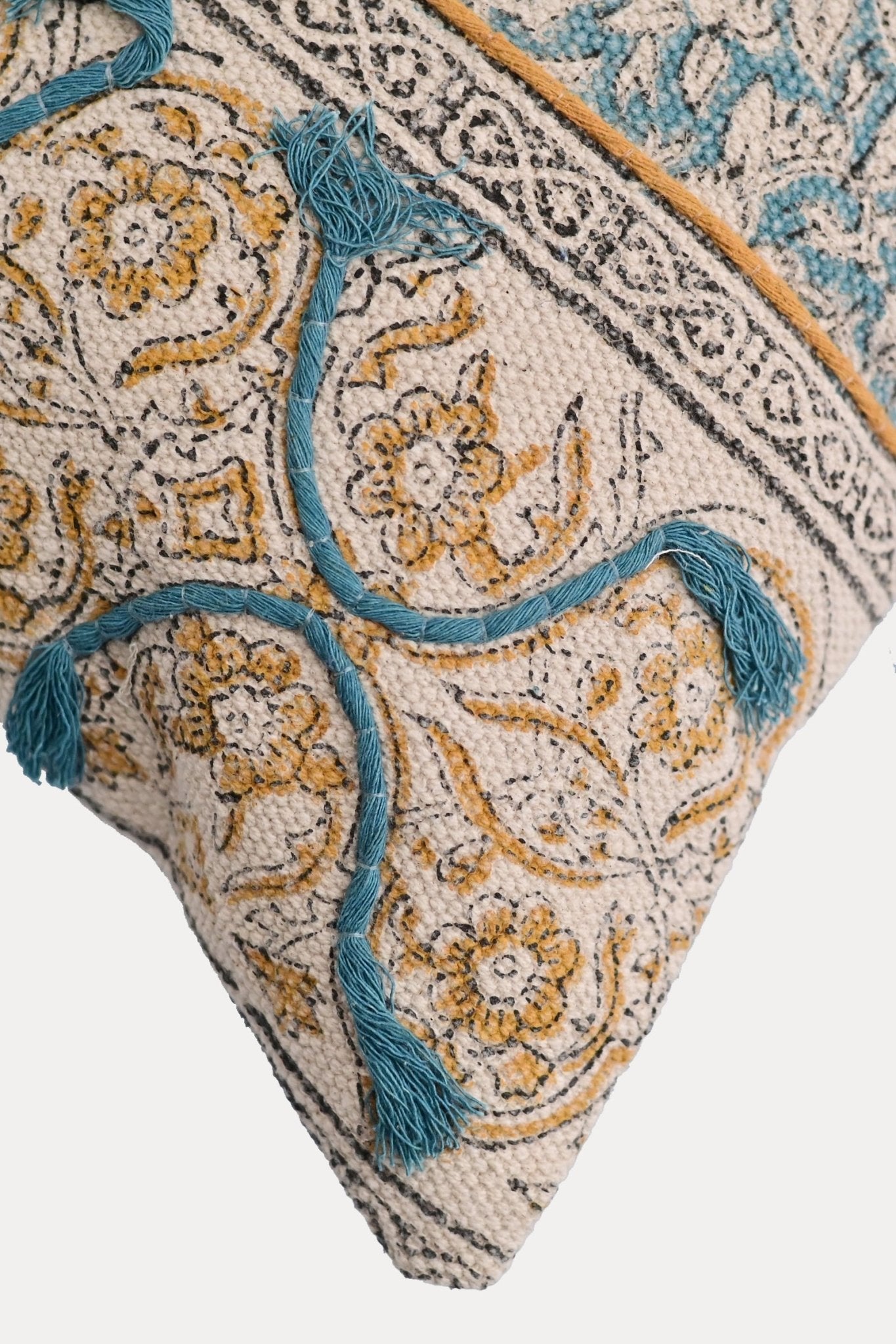 Detail of block-print embroidery on lumbar cushion cover — Art Avenue