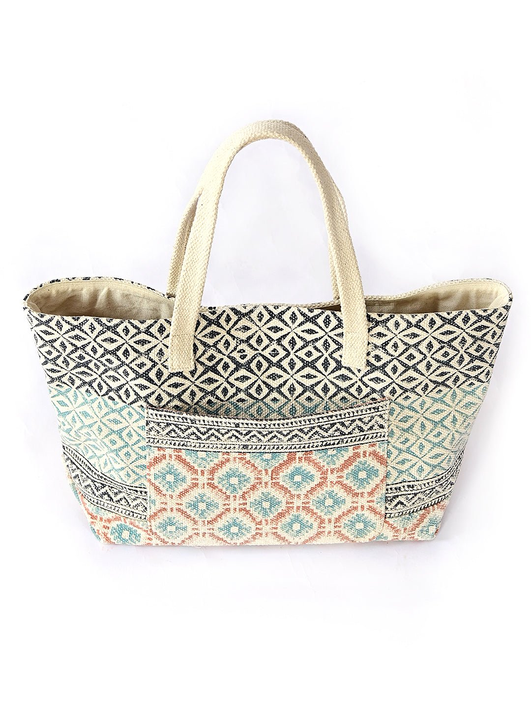 Cassia block-printed tote bag, side view — Art Avenue