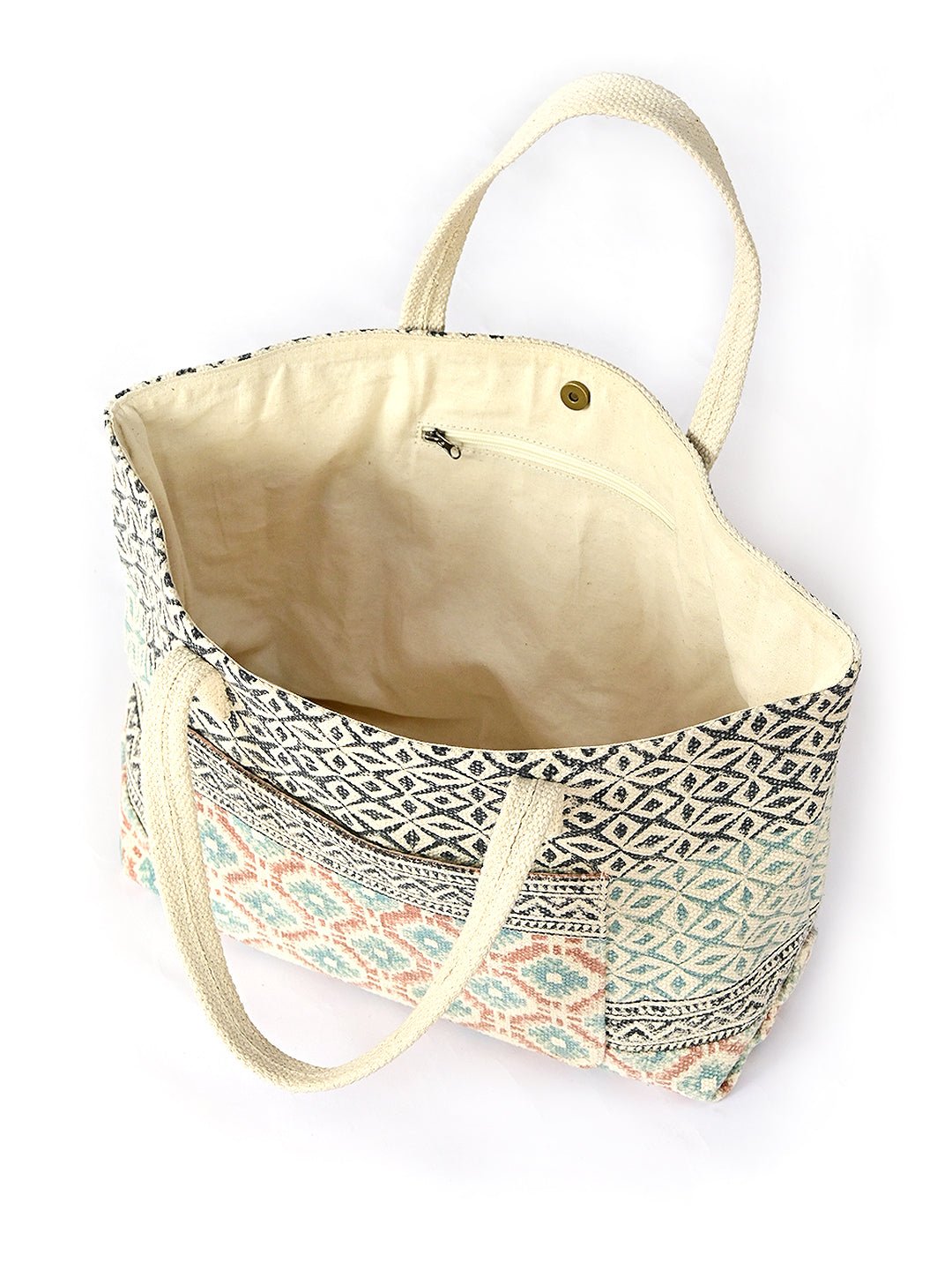 Cassia block-printed tote bag flat lay — Art Avenue