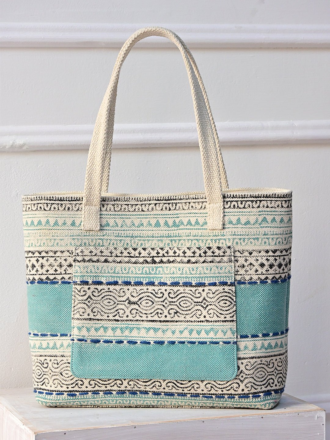Susan block-printed tote bag, side view — Art Avenue