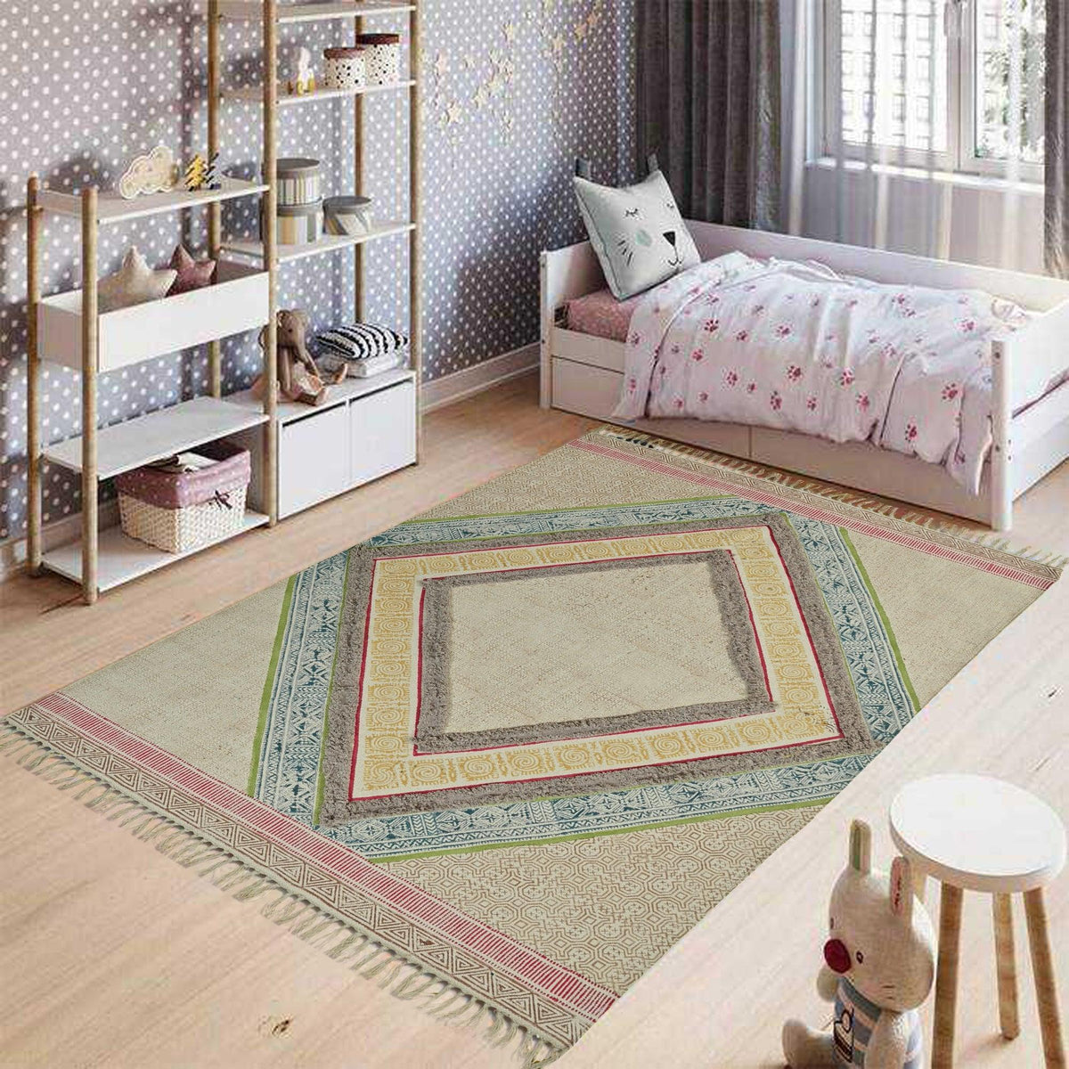 Adah Block-Printed Cotton Dhurrie Rug — multiple sizes — Art Avenue