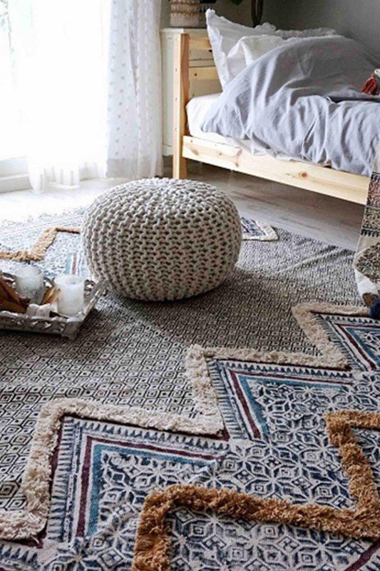 Block-Printed Cotton Dhurrie Rug in Blue Modern Pattern — Art Avenue