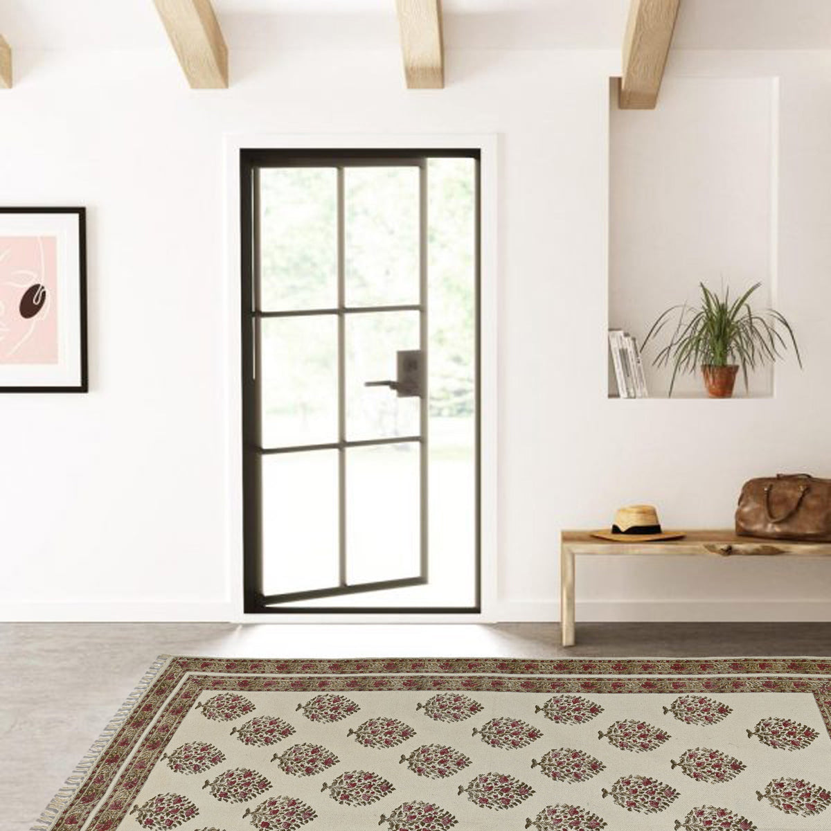 Block-printed cotton dhurrie rug in room setting — Art Avenue