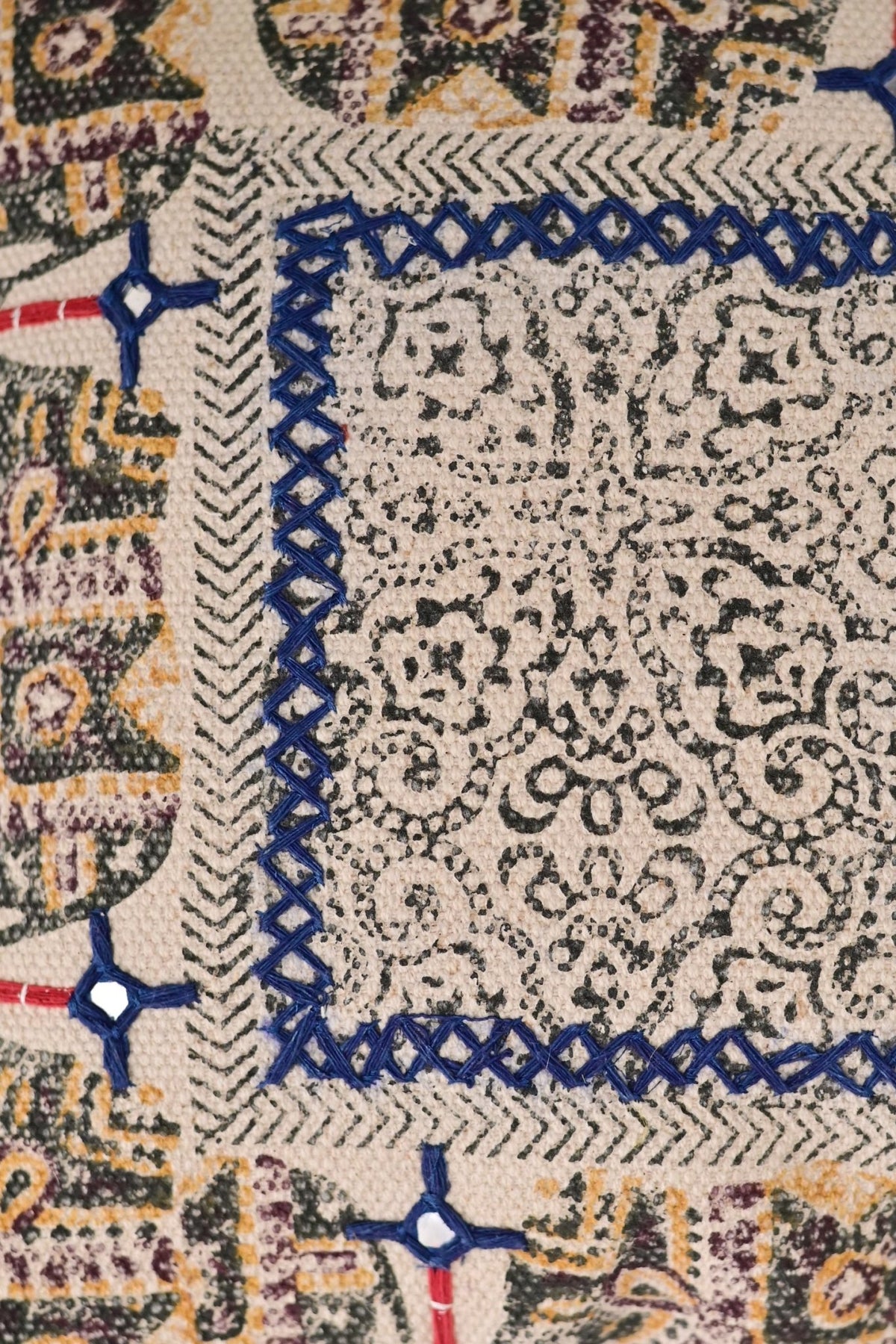 Detail of block-print on blue square cushion cover — Art Avenue