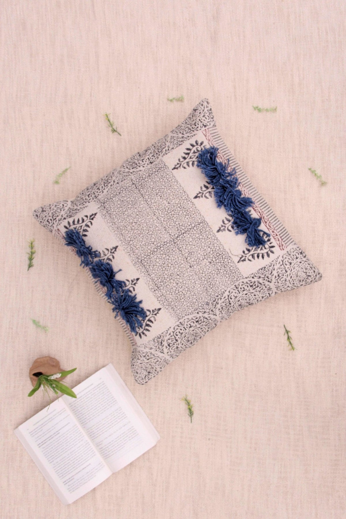 Barb Block-Printed Square Cushion Cover — Black — Art Avenue