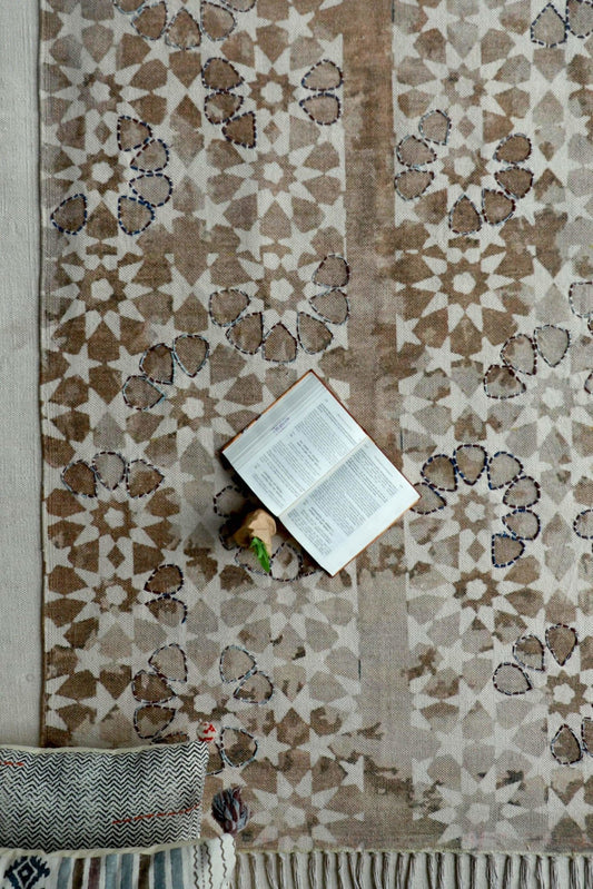 Behrur block-printed rug — mud brown handmade in Jaipur