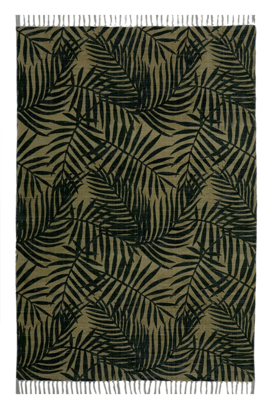 Bikaner block-printed rug — olive green handmade in Jaipur