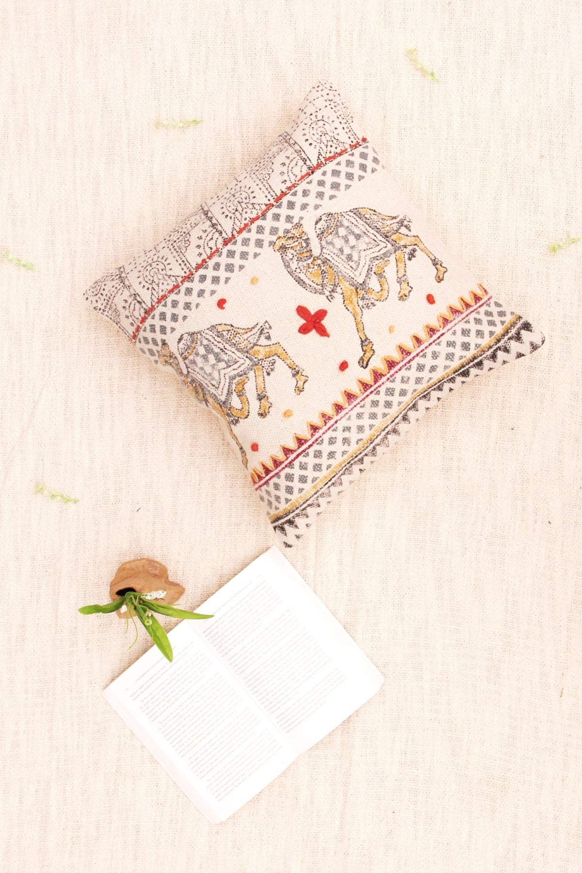 Camel Block-Printed Square Cushion Cover — Ivory — Art Avenue