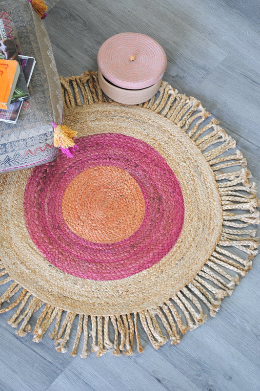Carmine round braided jute rug — handmade in Jaipur