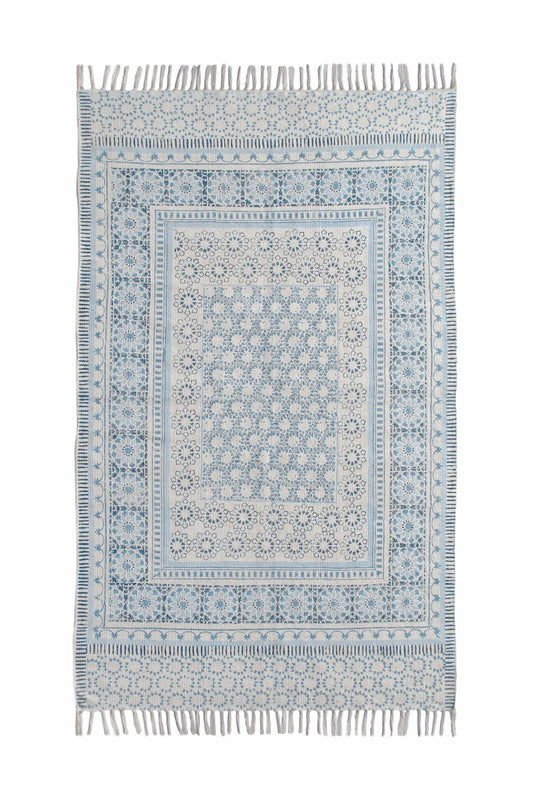 Block-Printed Cotton Dhurrie Rug in Blue Floral Pattern — Art Avenue