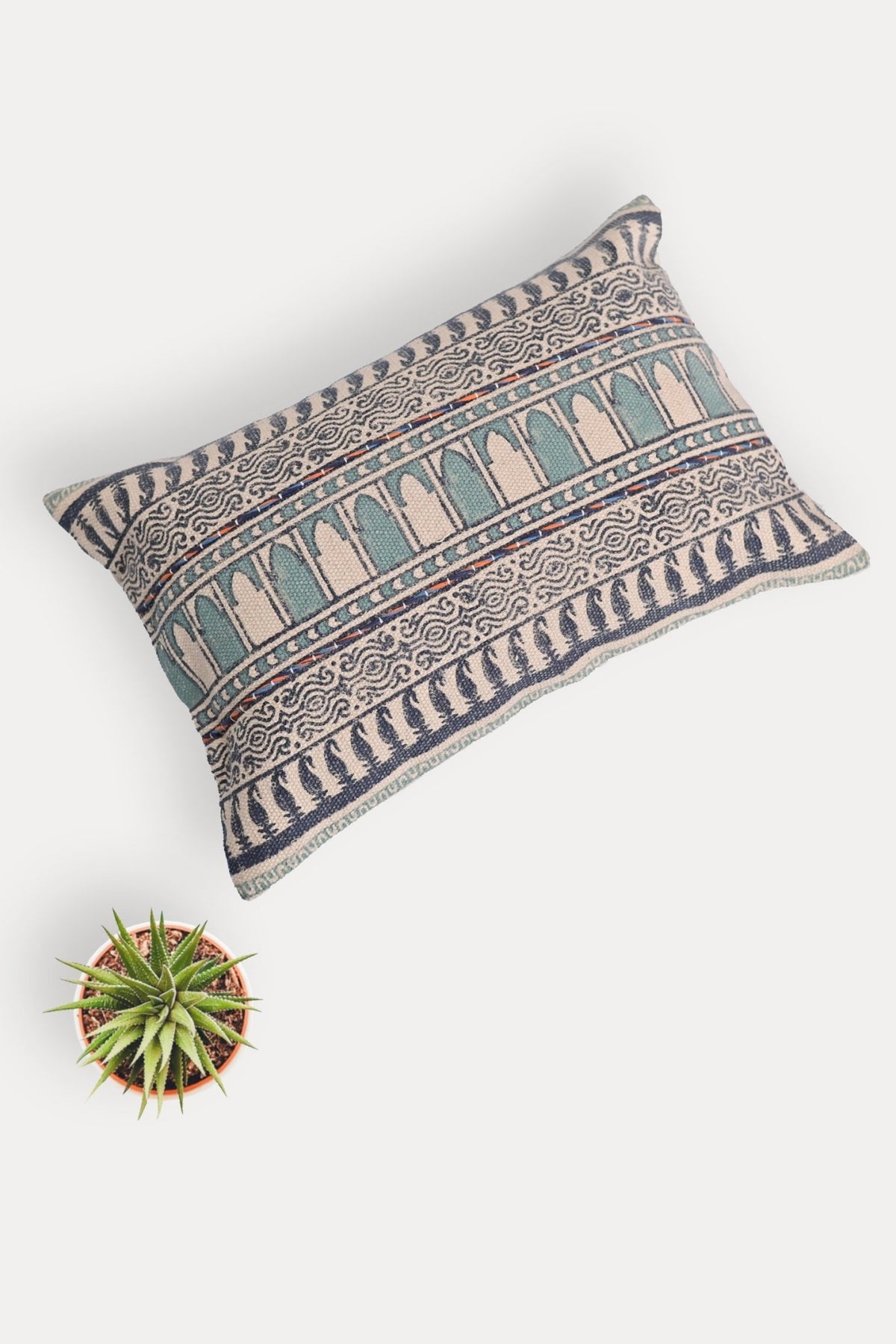 Clyde Block-Printed Embroidered Lumbar Cushion Cover — Blue — Art Avenue