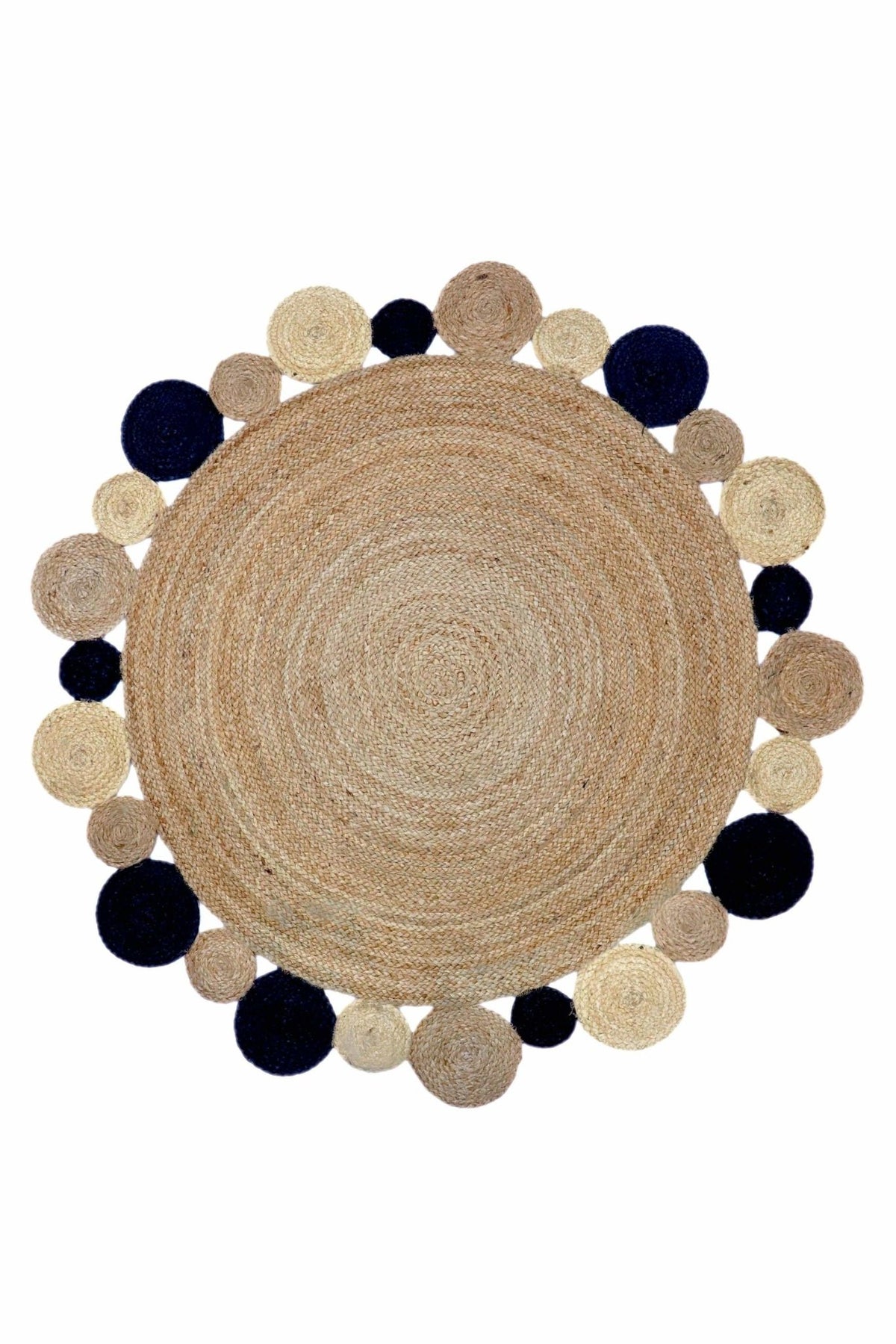 Black-bordered round jute rug — hand-braided natural fibre in Jaipur