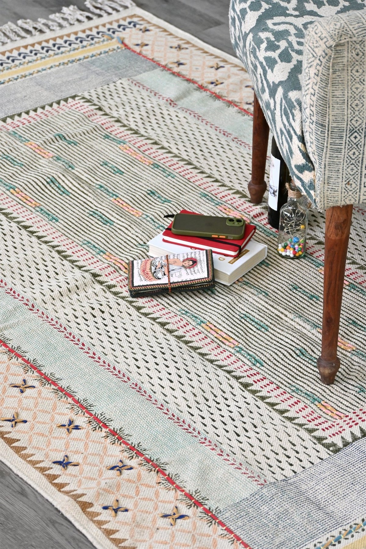 Block-printed cotton dhurrie rug in room setting — Art Avenue