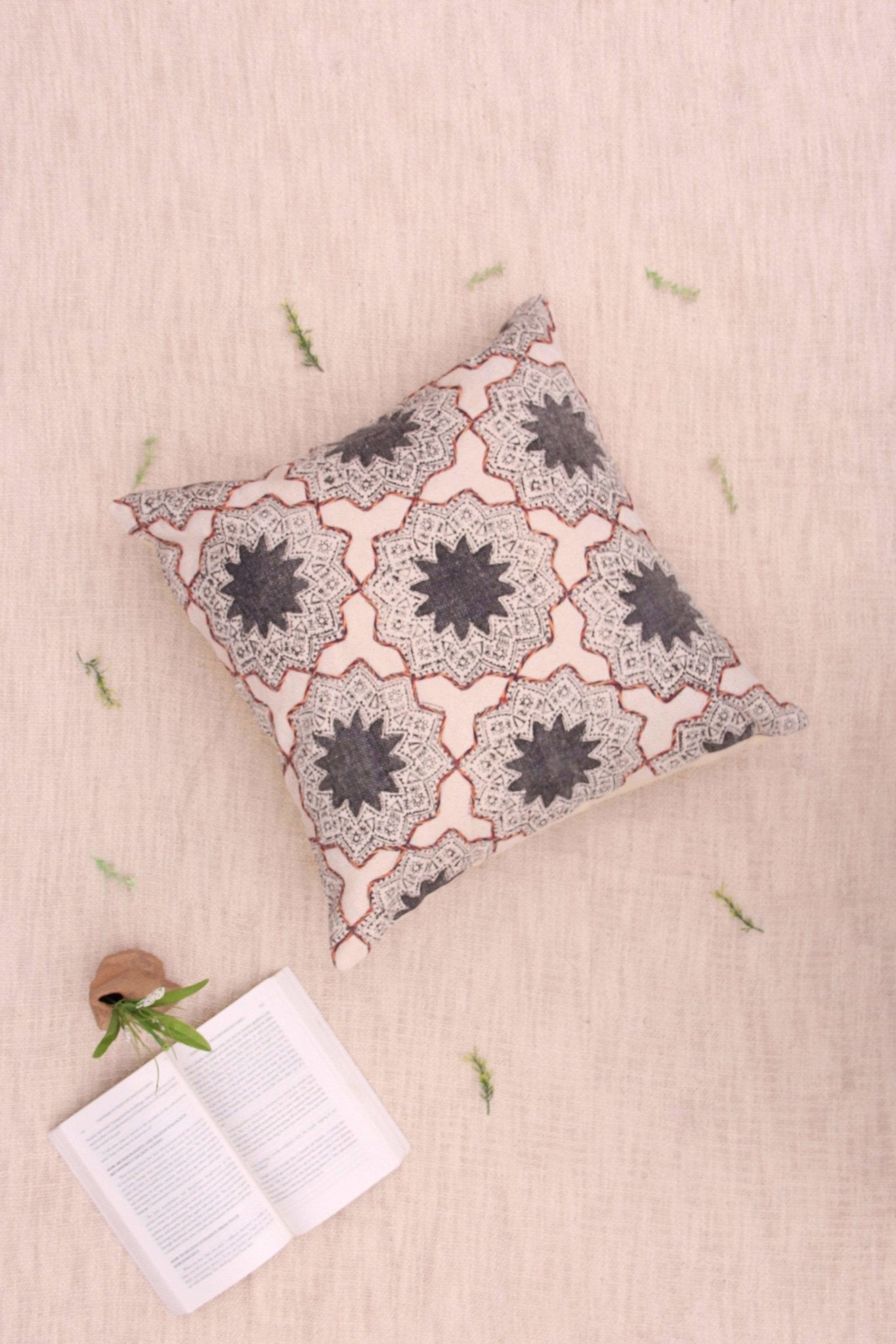 Dark Block-Printed Square Cushion Cover — Black — Art Avenue