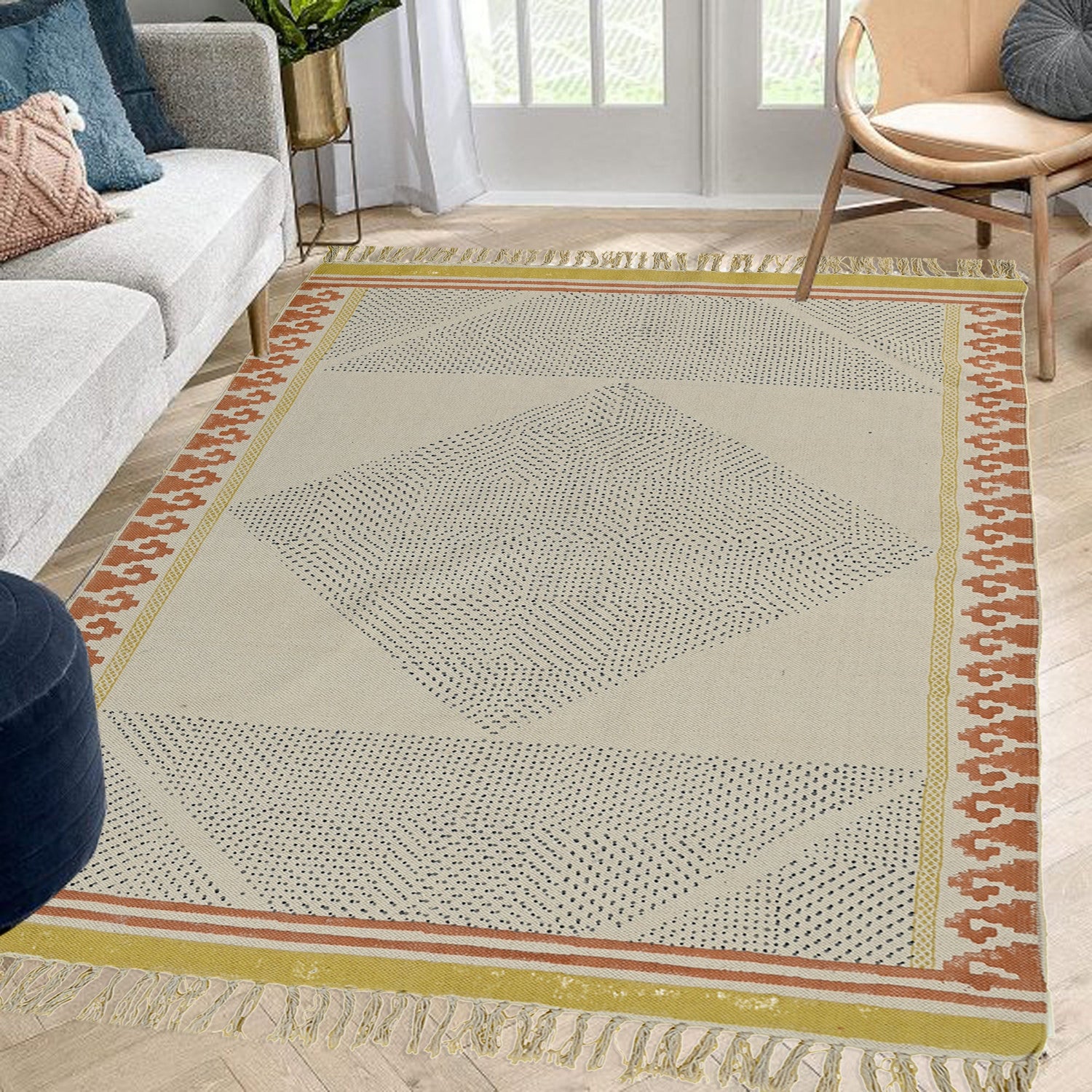 Detail of block-print on black and yellow dhurrie rug — Art Avenue