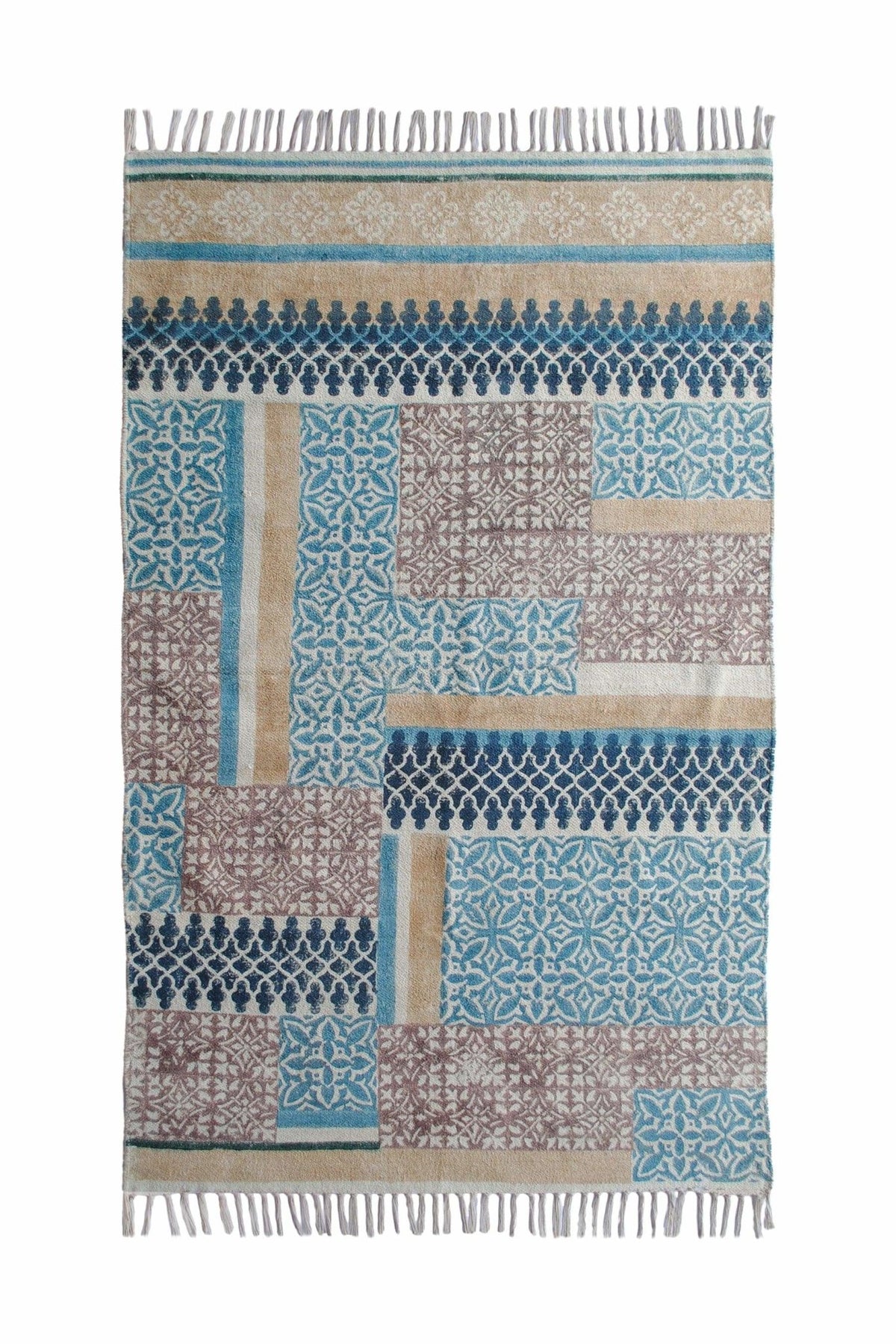 Block-Printed Cotton Dhurrie Rug in Blue & Mustard — Art Avenue