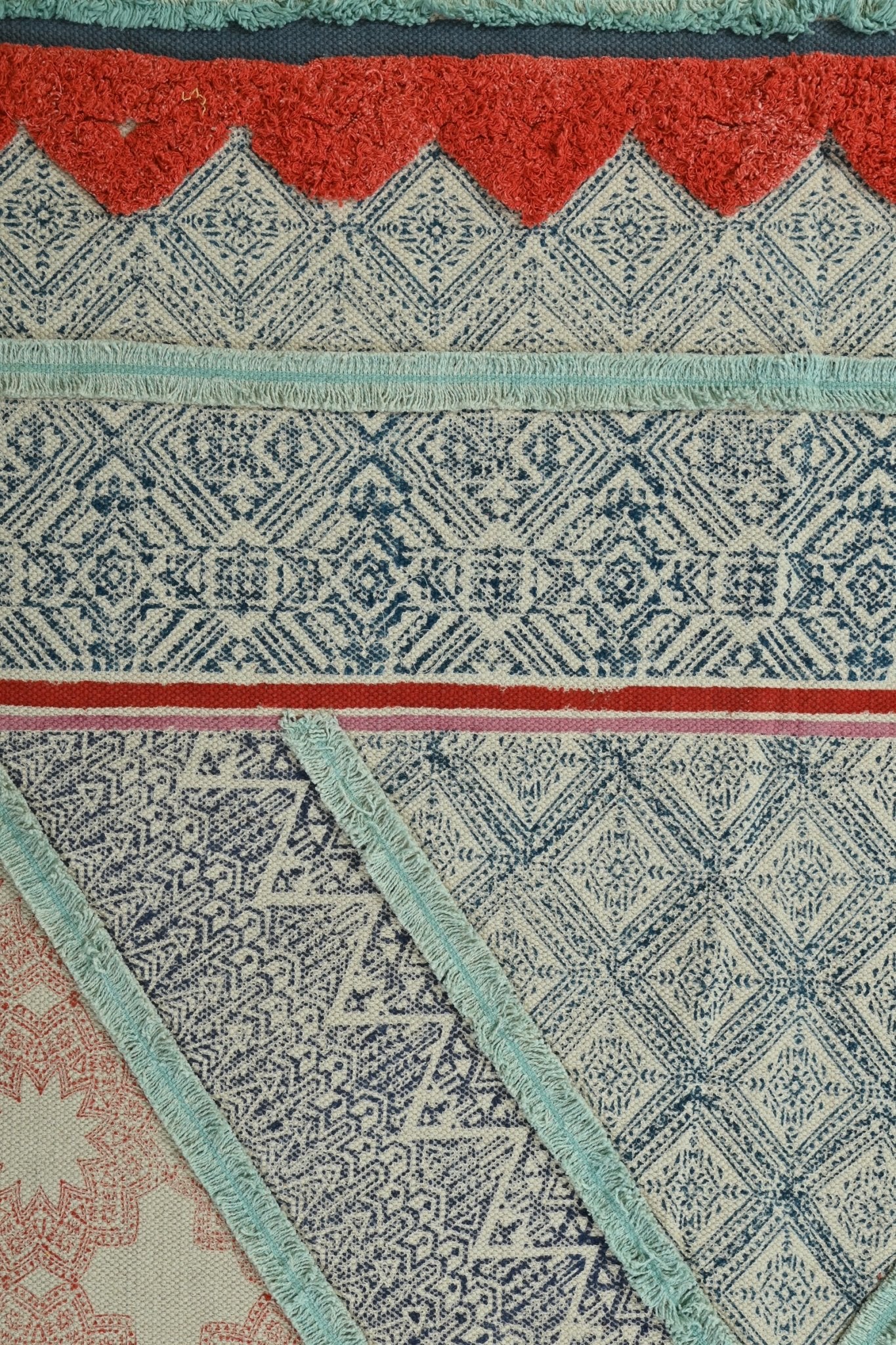 Emir Block-Printed Cotton Dhurrie Rug — overhead view — Art Avenue