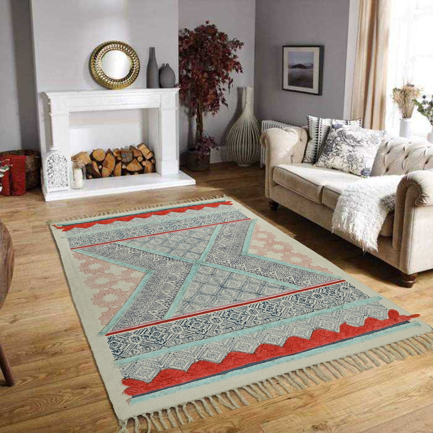 Block-printed cotton dhurrie rug styled in living room — Art Avenue