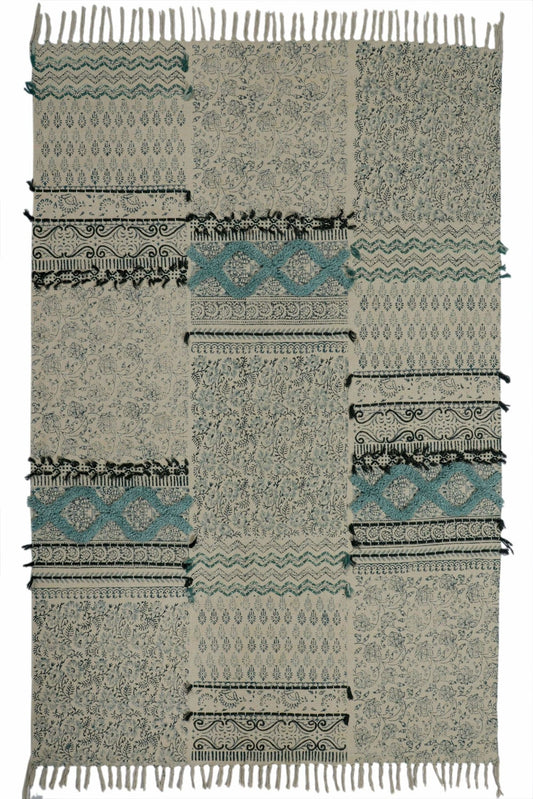 Block-Printed Cotton Dhurrie Rug in Blue Floral — Art Avenue