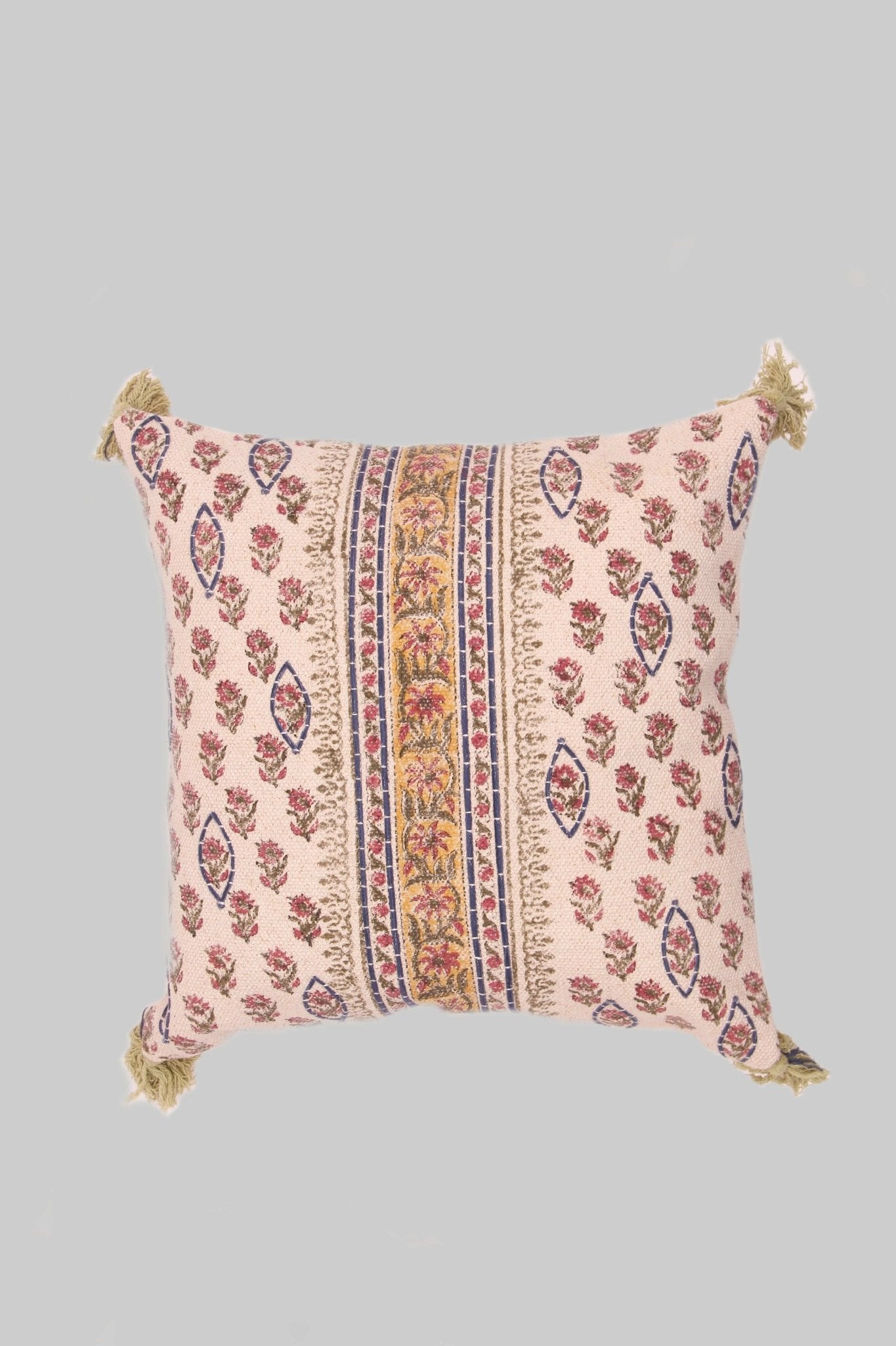 Block-printed square cushion on sofa — Art Avenue