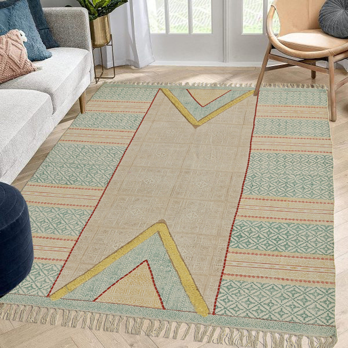 Block-printed cotton dhurrie rug in room setting — Art Avenue