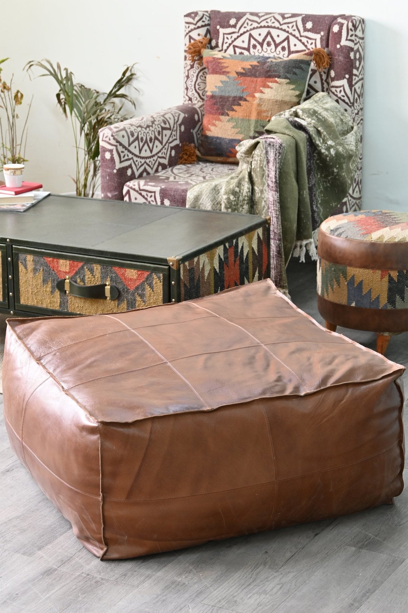 Harper leather cube pouf room setting — Art Avenue