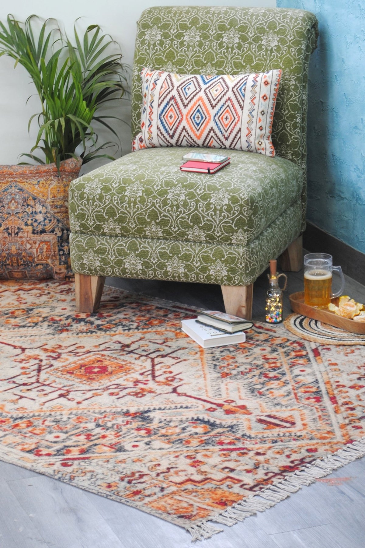 Hydrangea block-printed rug — handmade in Jaipur