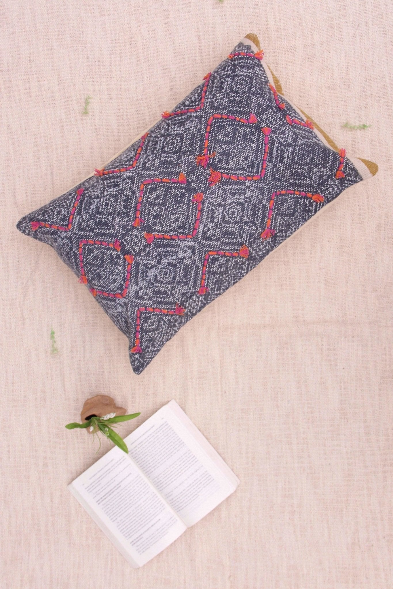 Indie Block-Printed Embroidered Lumbar Cushion Cover — Blue — Art Avenue
