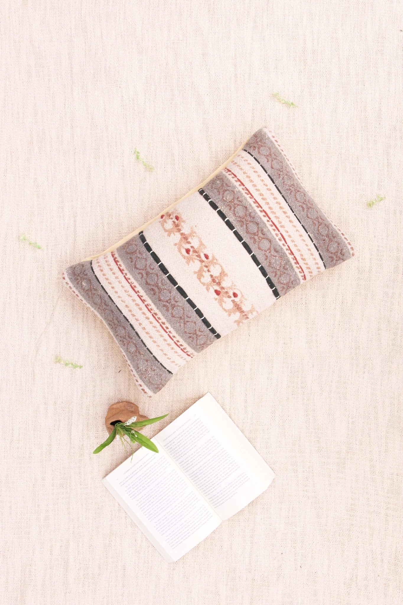 Just Block-Printed Embroidered Lumbar Cushion Cover — Off White — Art Avenue