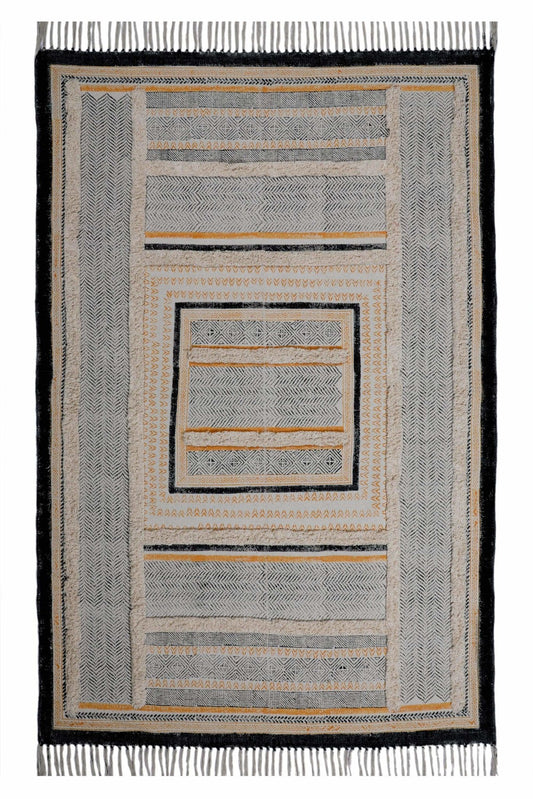 Block-Printed Cotton Dhurrie Rug in Black & Mustard — Art Avenue