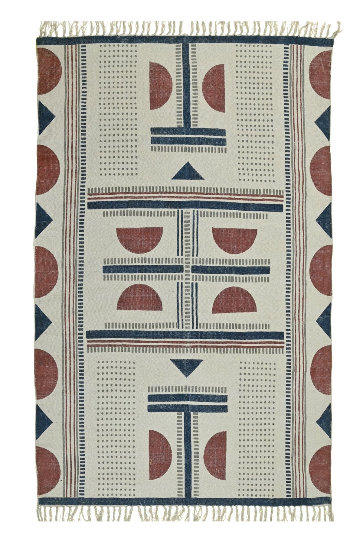 Karnika Block-Printed Cotton Dhurrie Rug in Blue & Maroon — Art Avenue