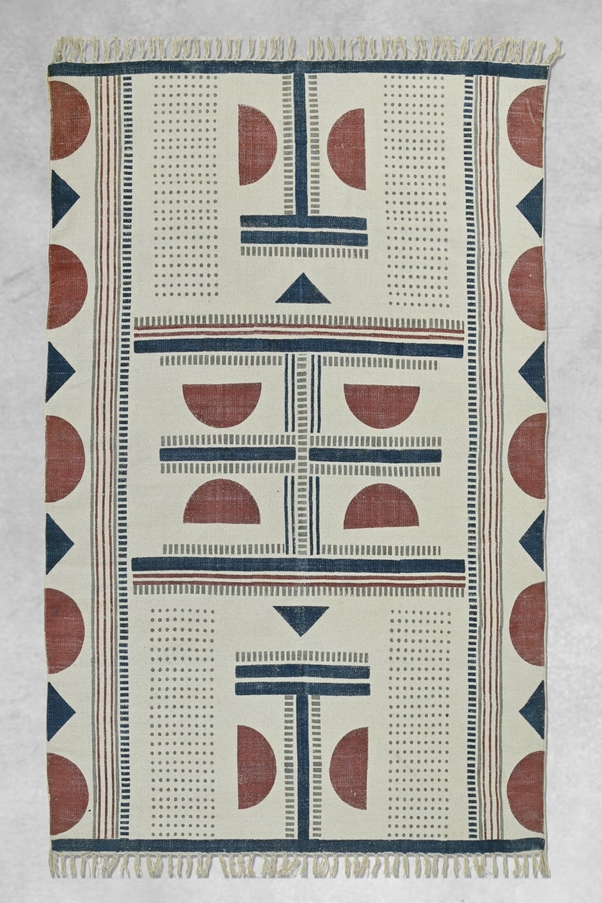 Block-Printed Cotton Dhurrie Rug in Blue & Maroon — Art Avenue