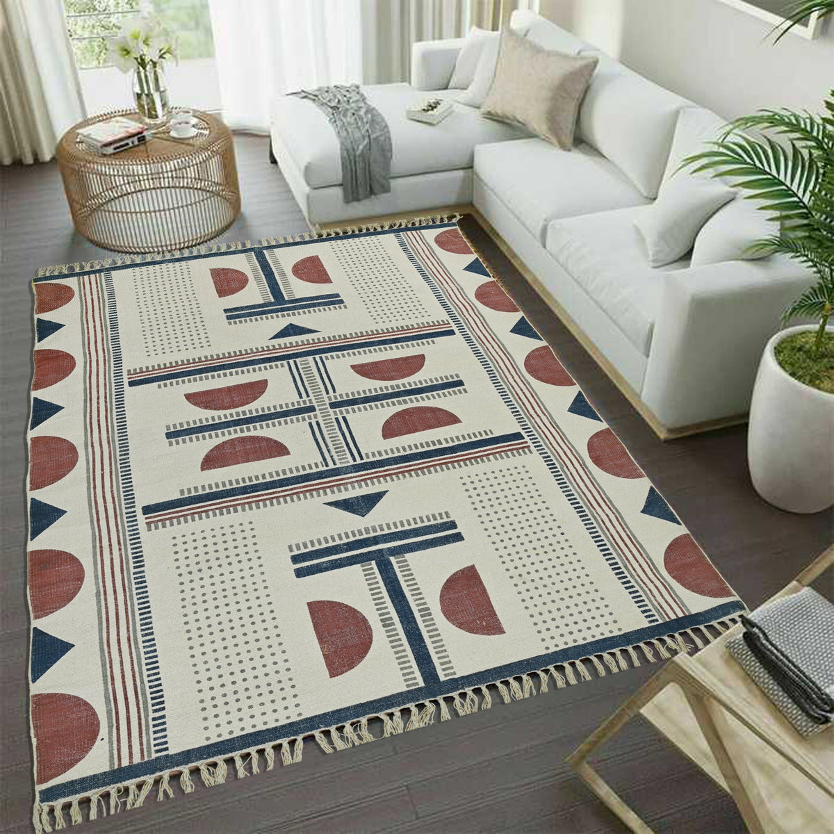 Block-printed cotton dhurrie rug in room setting — Art Avenue