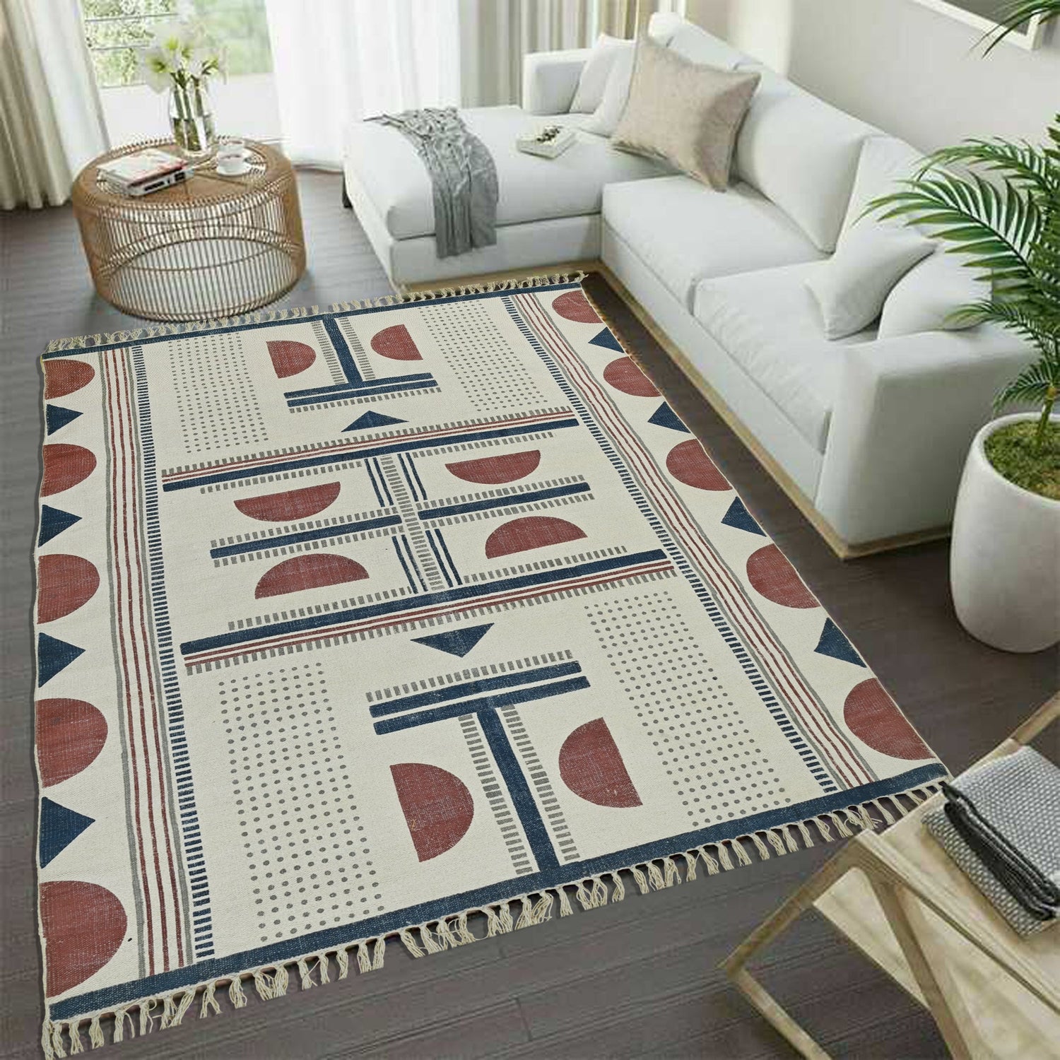 Block-printed cotton dhurrie rug in room setting — Art Avenue