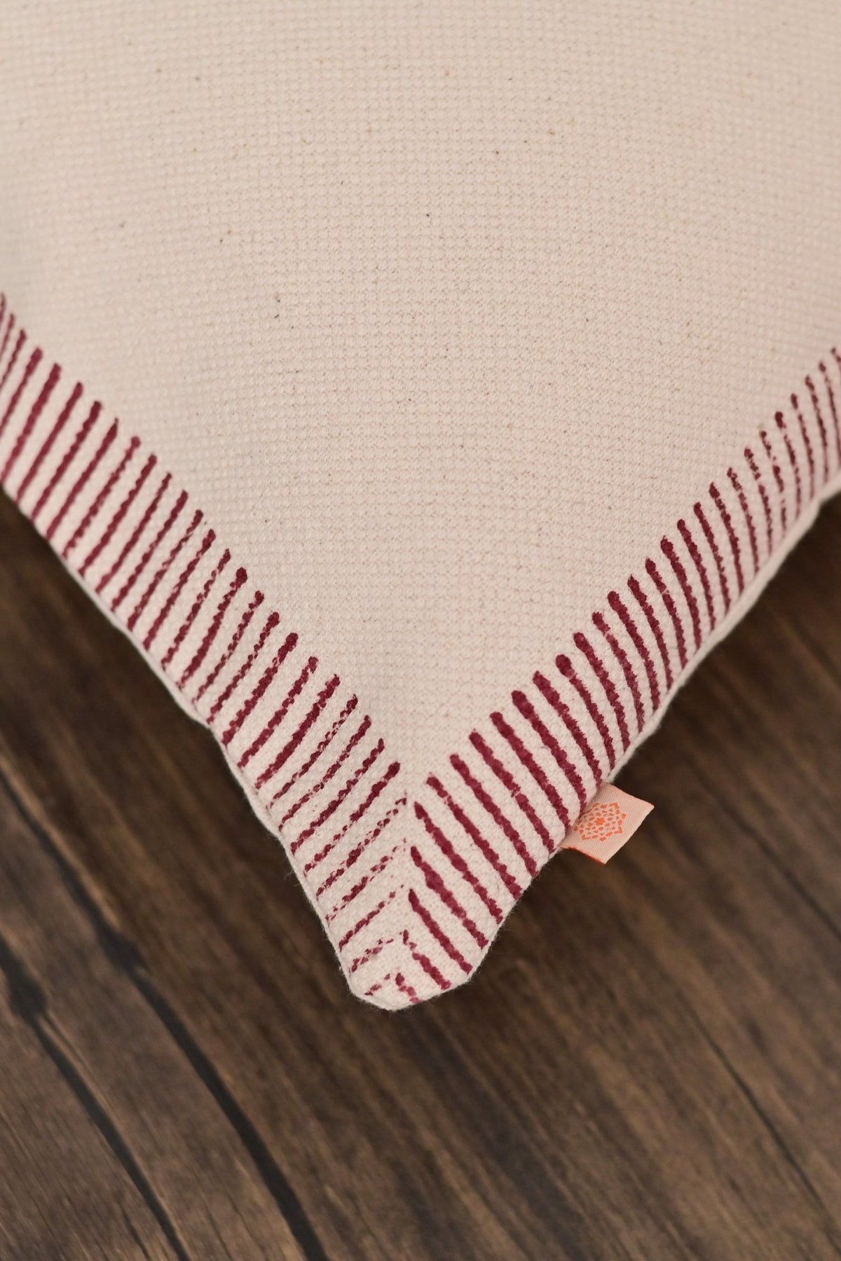 Detail of block-print on off white square cushion cover — Art Avenue