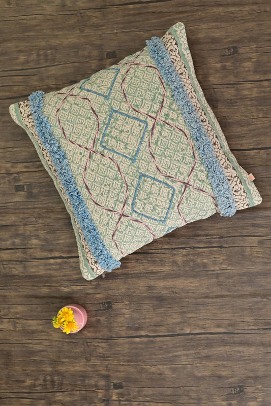 Macyl Block-Printed Square Cushion Cover — Blue — Art Avenue