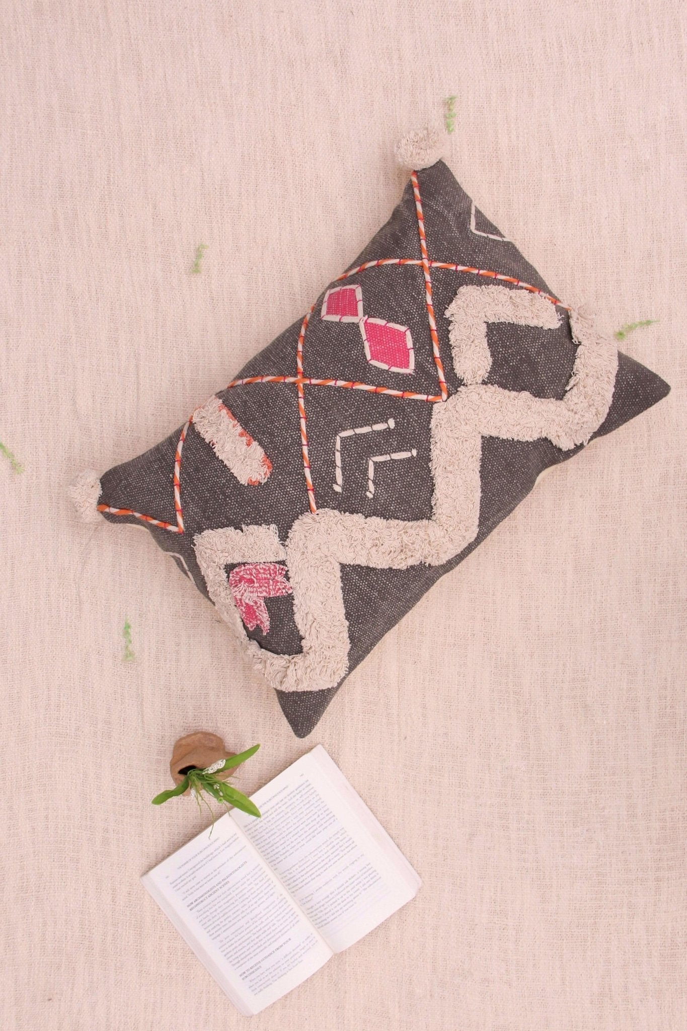 Magic Printed Shaggy Embroidered Lumbar Cushion Cover — Grey — Art Avenue