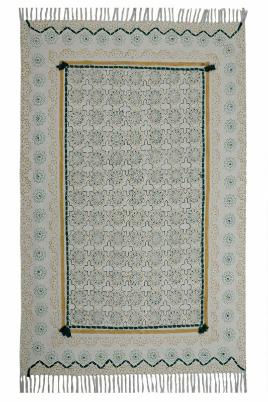 Block-Printed Cotton Dhurrie Rug in Green Floral — Art Avenue