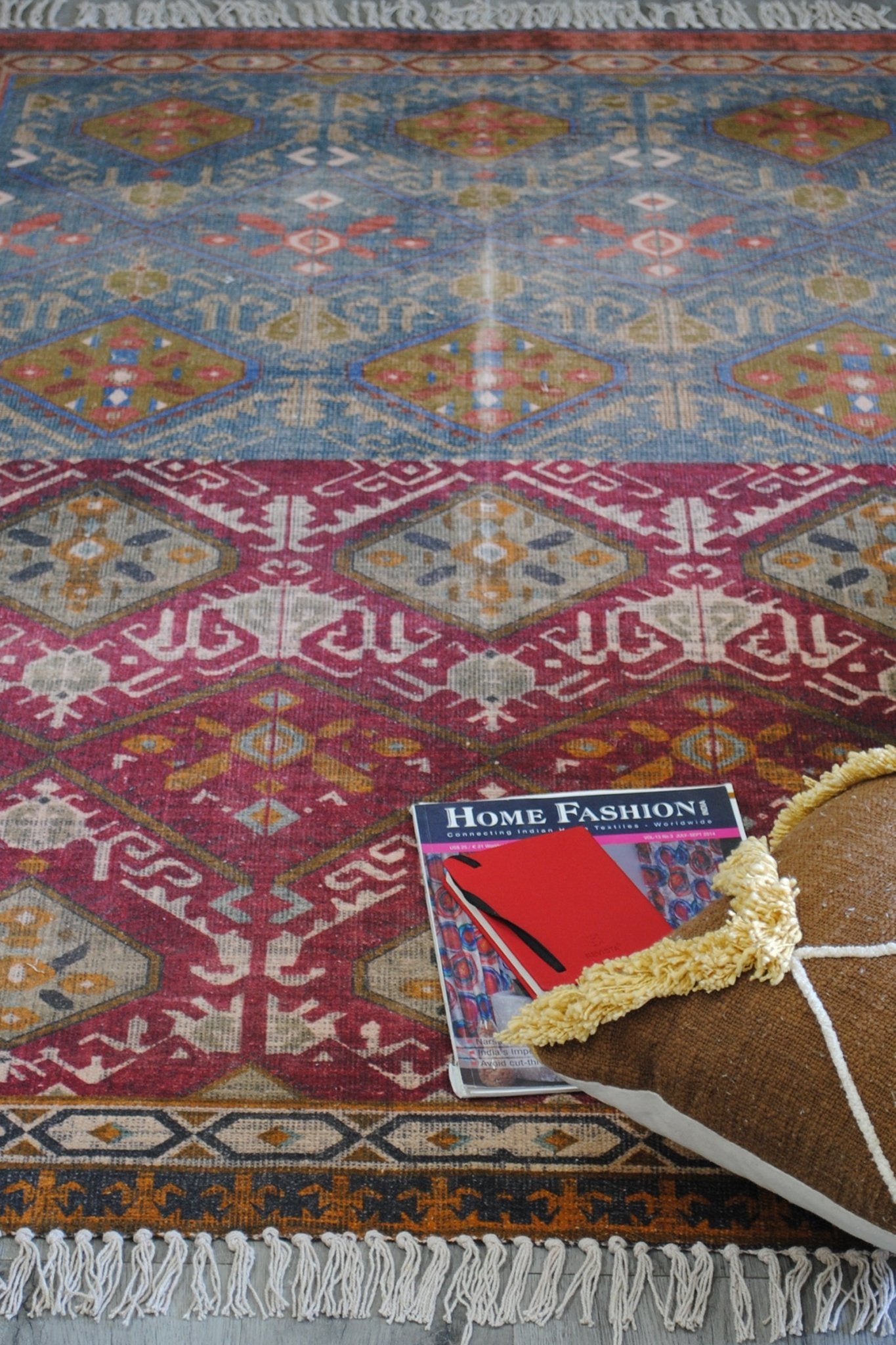 Mosaic block-printed rug room setting — Art Avenue India